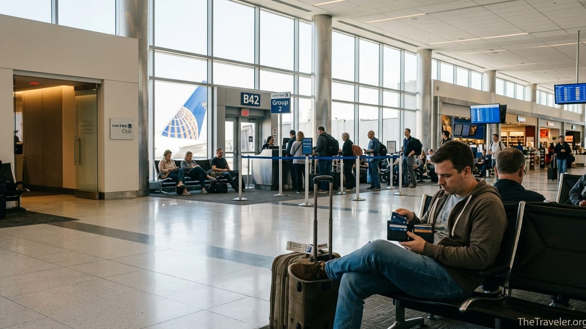 Traveler with suitcase holding a United Explorer card at a busy United airport gate.