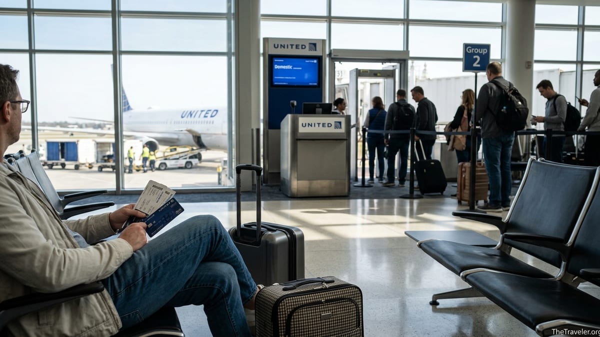 Traveler holding a United Explorer Card at a busy United gate with suitcases nearby.