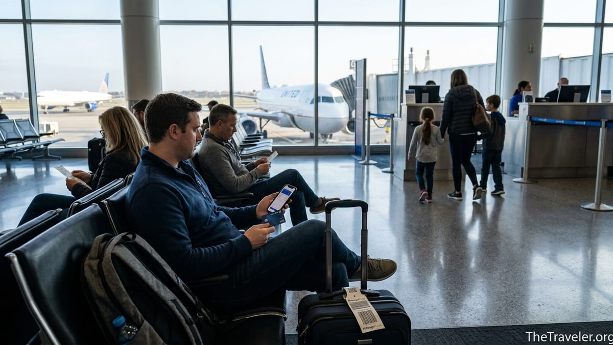 Traveler at a United gate holding a United Explorer Card with a plane outside the window.