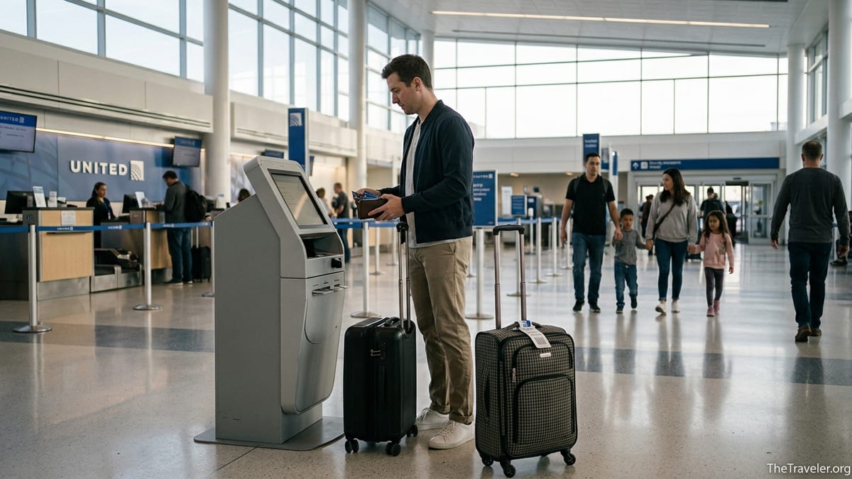 Traveler at a United check-in kiosk holding two credit cards in a busy airport departure hall.