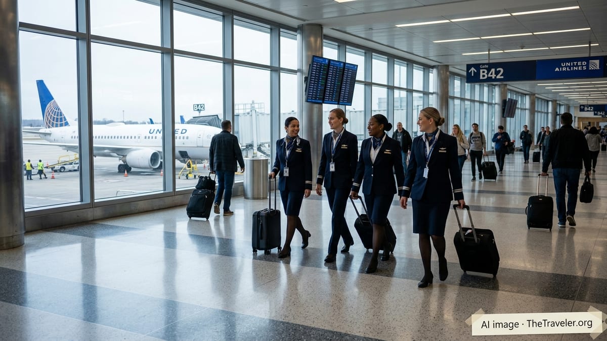 United Airlines flight attendants walk through a bright airport concourse after a new labor agreement.