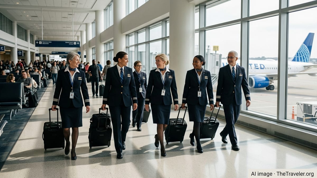 United Airlines flight attendants walk through an airport gate area with a United jet visible outside the windows.