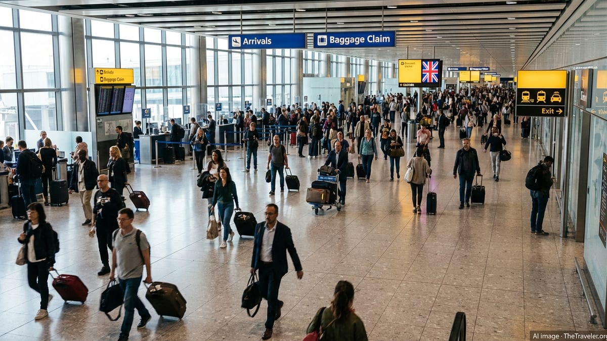 Busy arrivals hall at a major UK airport with travelers and overhead signs for arrivals and baggage claim.