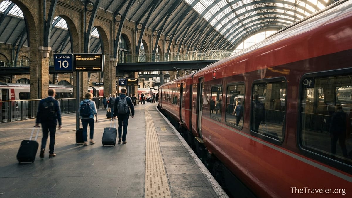 Intercity train at London King’s Cross platform at sunset with travelers and luggage.