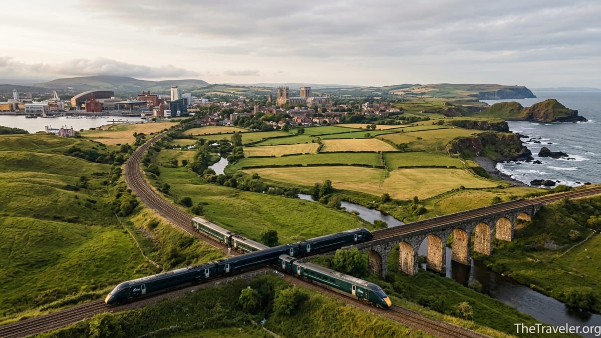A wide landscape view linking English countryside, Scottish Highlands, Welsh hills and Northern Ireland coast in one scene.