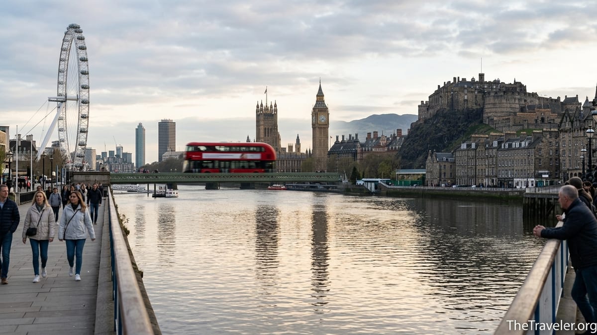 Golden-hour view of the River Thames in London with Westminster and a distant Scottish skyline under a soft spring sky.
