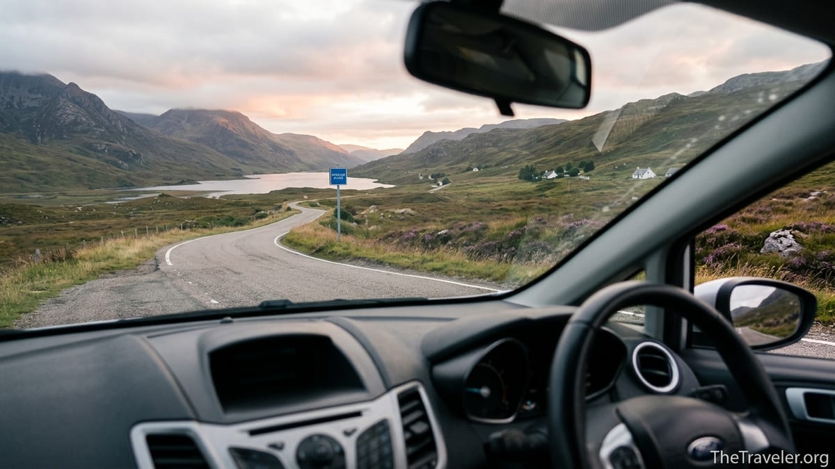 View from a car on a narrow Highland road overlooking a loch and mountains at golden hour.
