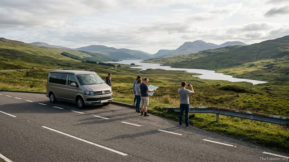 Small group tour van stopped in the Scottish Highlands with travelers admiring loch and hills.