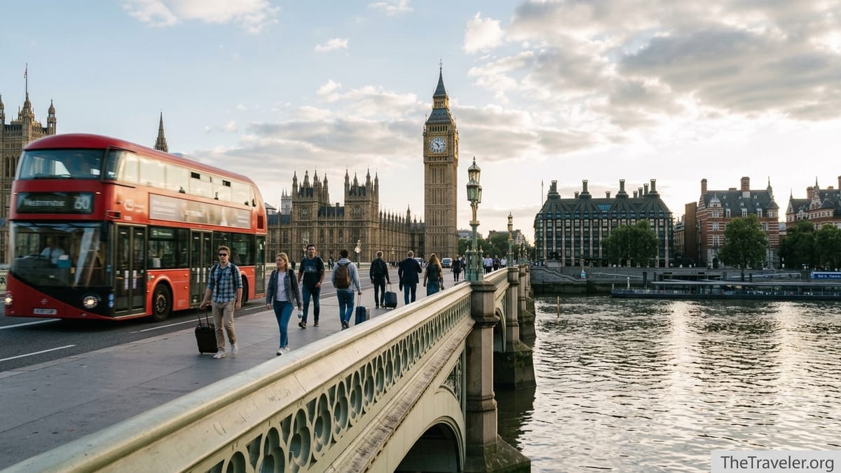 Travelers crossing Westminster Bridge at sunset with Parliament and a red bus in London.