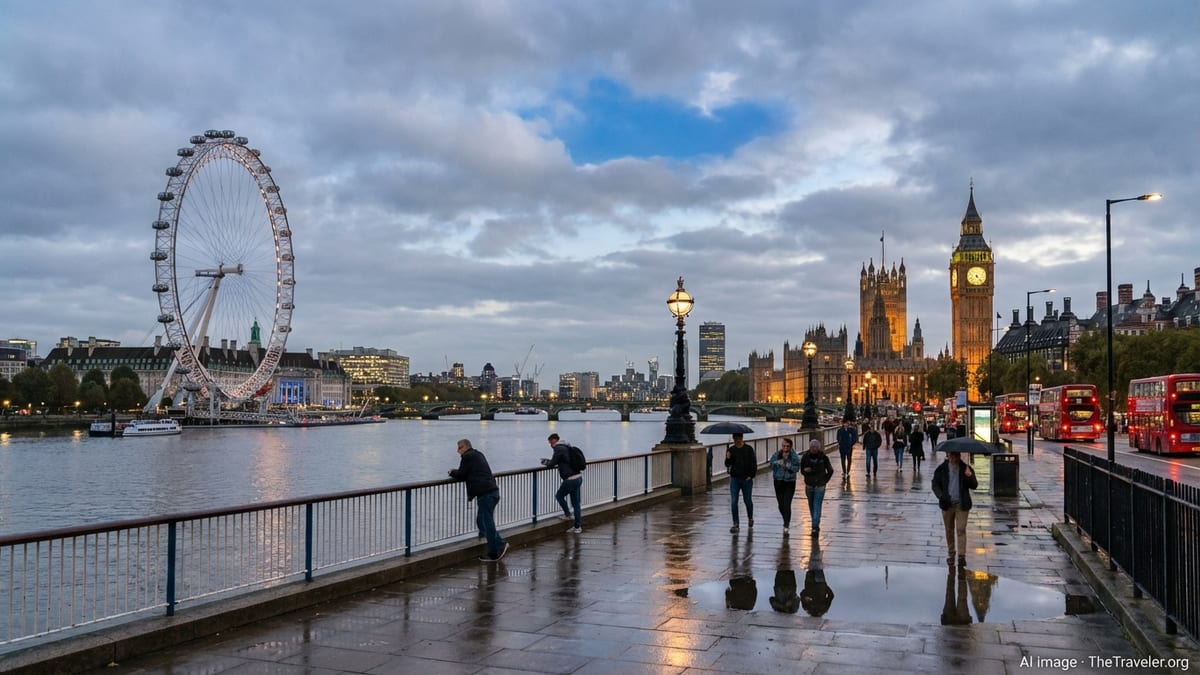 Twilight view of London Eye and Houses of Parliament reflected in the River Thames.