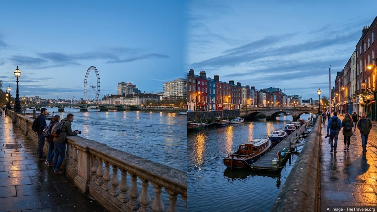 Riverside evening view evoking both London and Dublin with historic buildings and glowing lights reflected on the water.