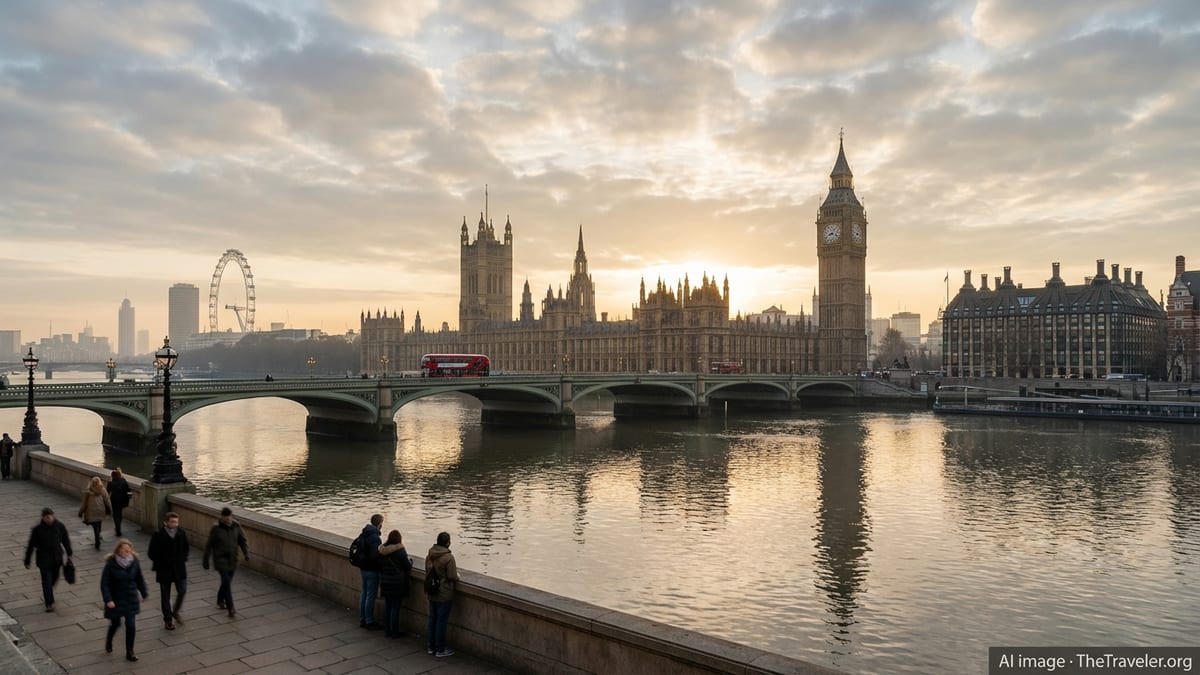 Sunrise over the River Thames with Westminster Bridge and the Houses of Parliament.