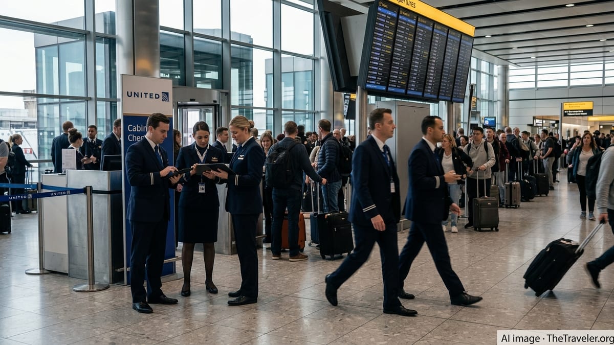 United Airlines cabin crew walking through a busy London Heathrow departures hall with passengers and flight boards in the背景.