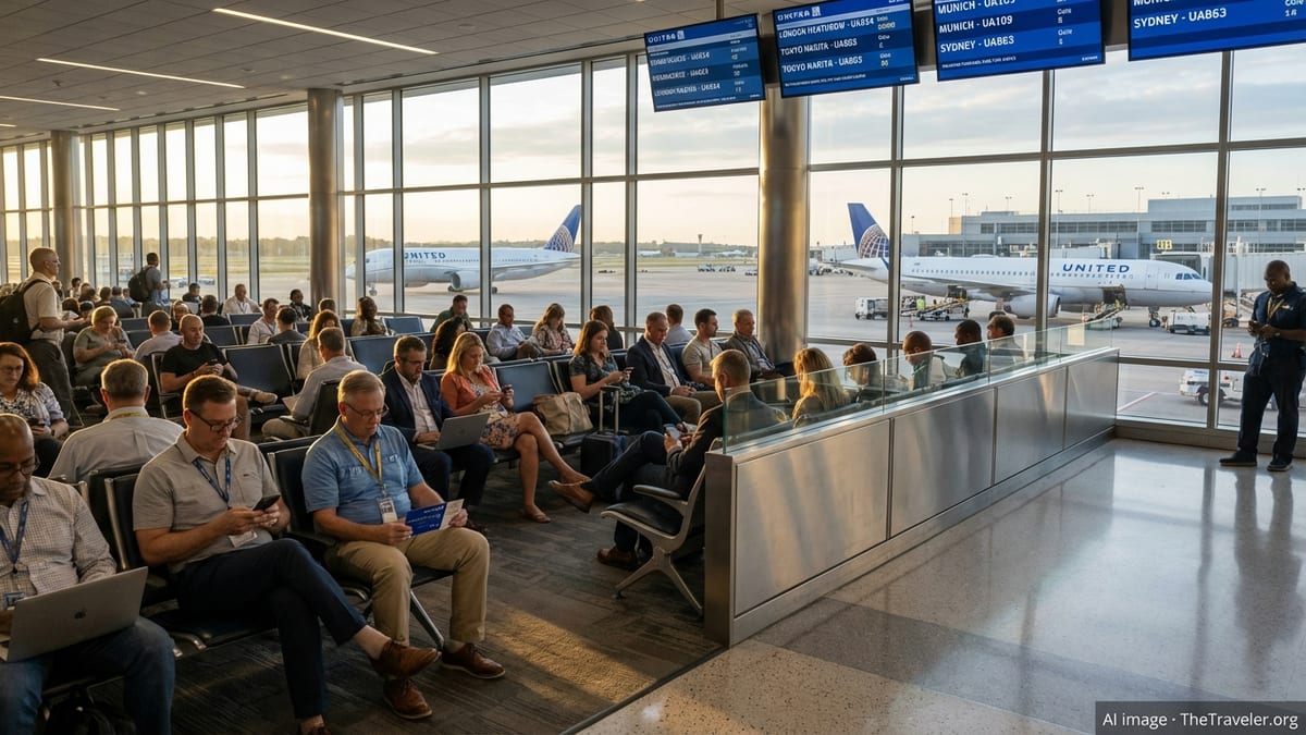 Travelers in a United airport lounge holding boarding passes and credit cards with jets visible through large windows.