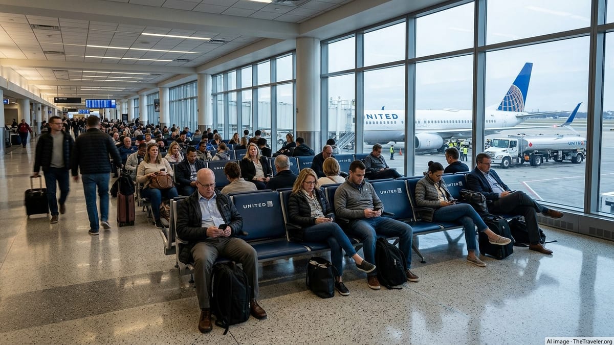 Travelers wait at a busy United Airlines gate as a jet is serviced outside during rising fares and schedule cuts.