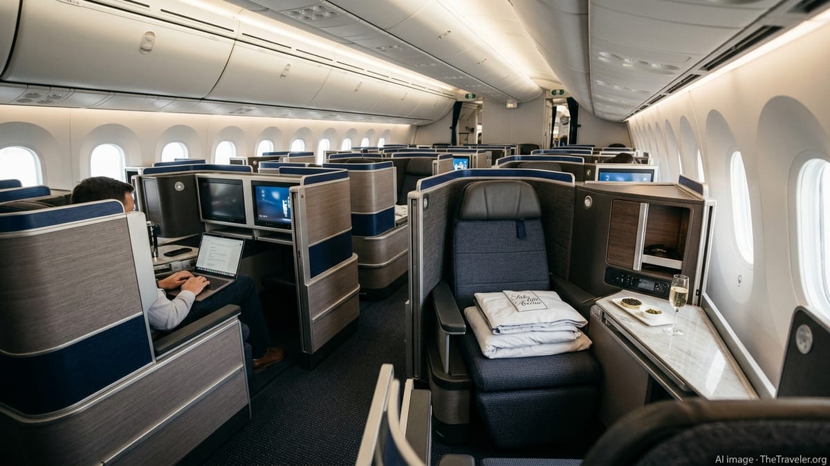 United Boeing 787-9 cabin featuring new Polaris Studio business-class suites with sliding doors.