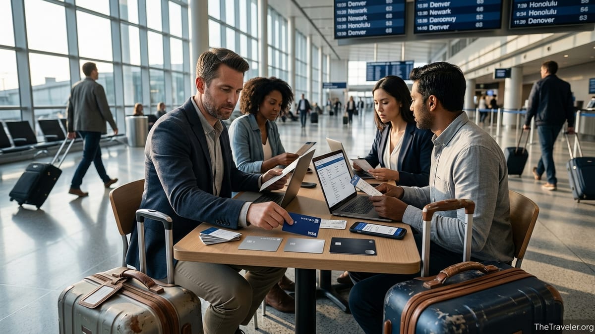 Travelers in an airport terminal comparing different airline credit cards at a café table