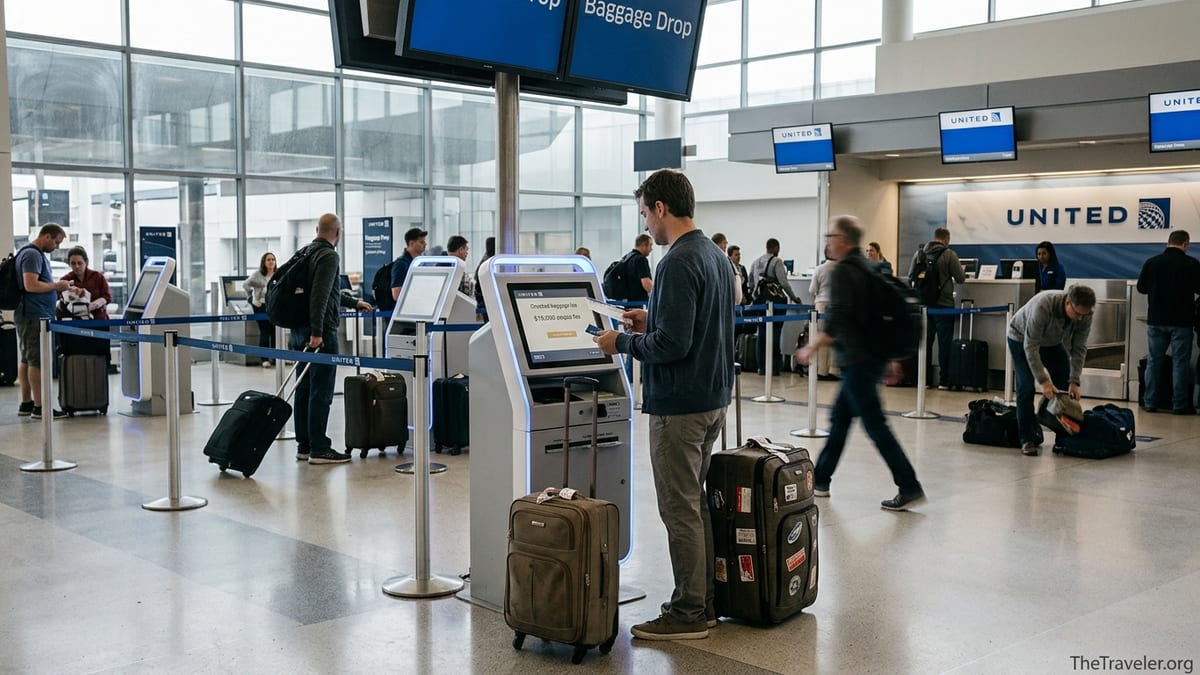 Traveler hesitating at United bag drop kiosk in busy airport check-in hall