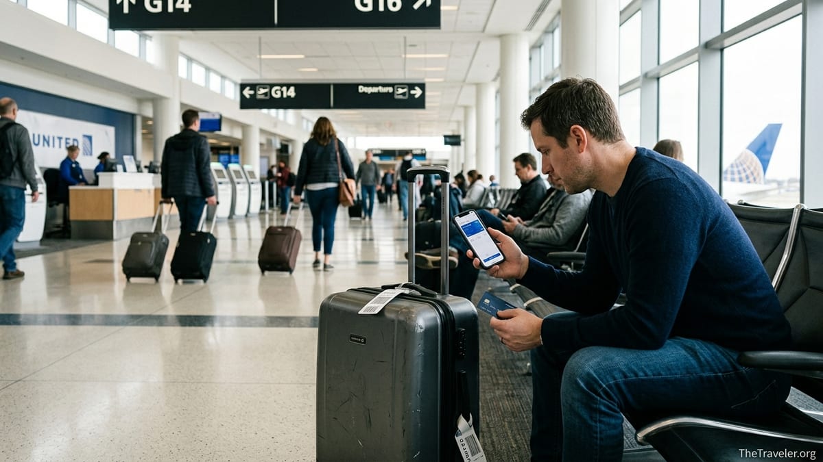 Traveler holding a credit card at a United airport gate with luggage nearby.