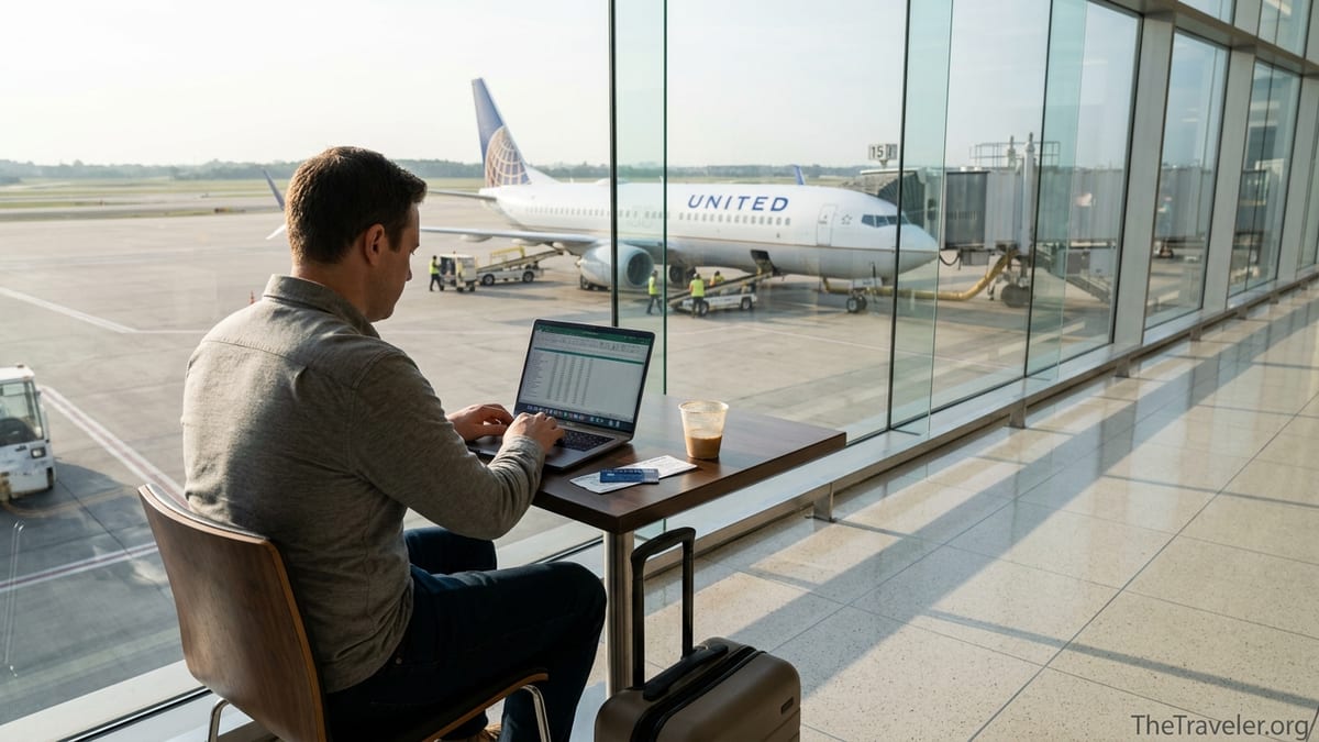 Traveler in a United airport terminal calculating credit card value before a flight