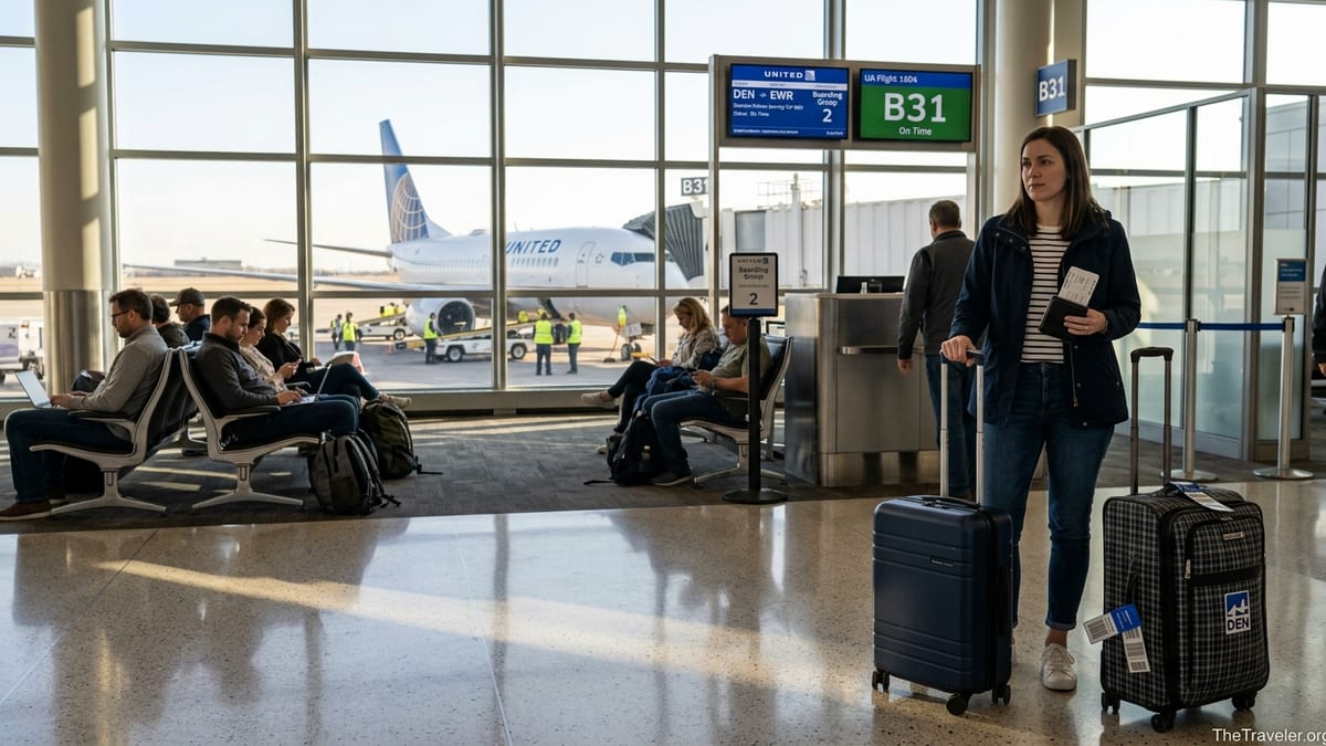 Traveler at a United Airlines gate holding a credit card and luggage before boarding.