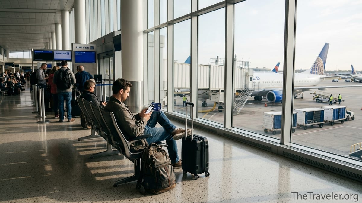 Traveler holding a United credit card at an airport gate with a United jet outside.