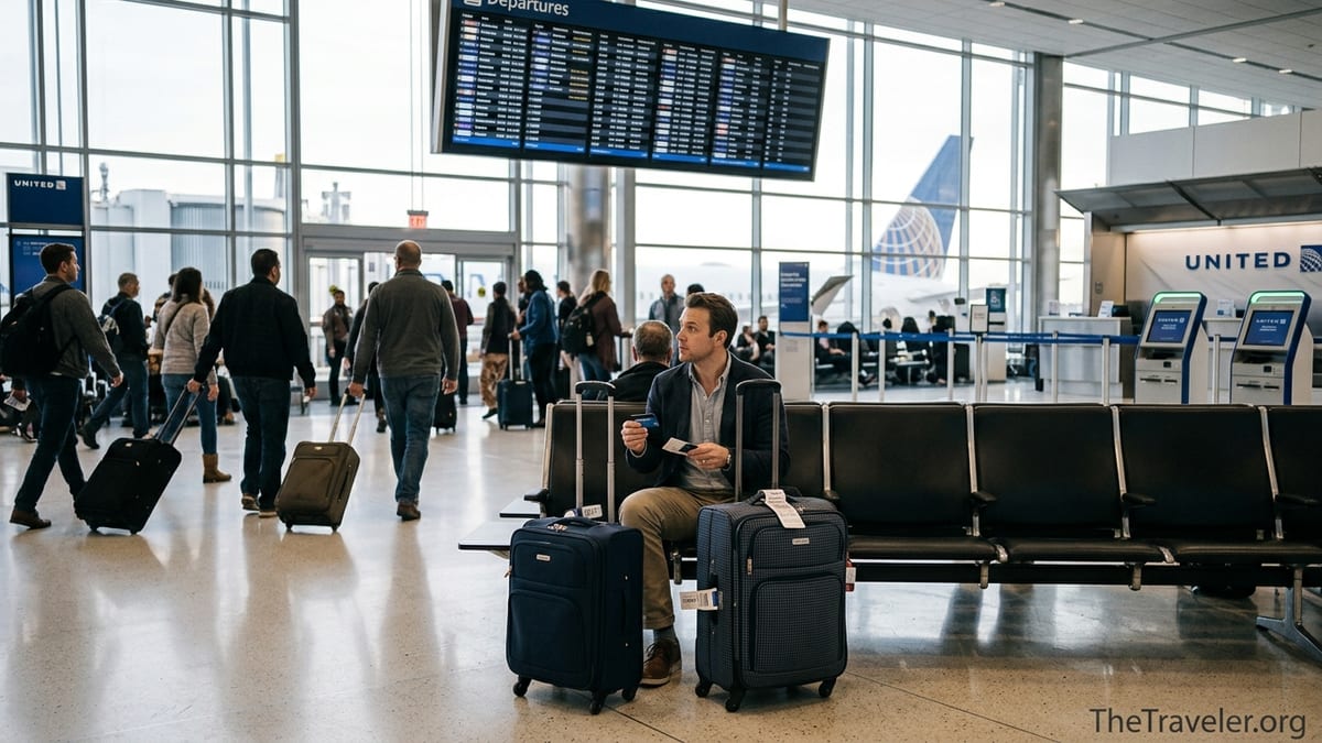 Traveler with luggage and credit card at a busy United Airlines airport terminal gate area.