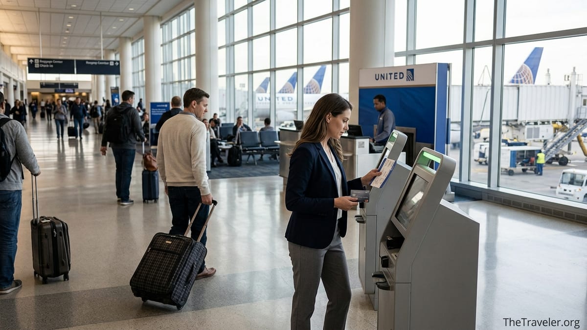 Travelers using credit cards at a busy United Airlines check-in area in an airport terminal.