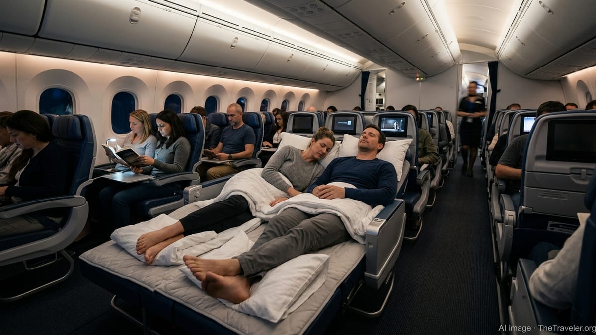 United long-haul economy cabin showing a three-seat Relax Row converted into a flat couch for two resting passengers.