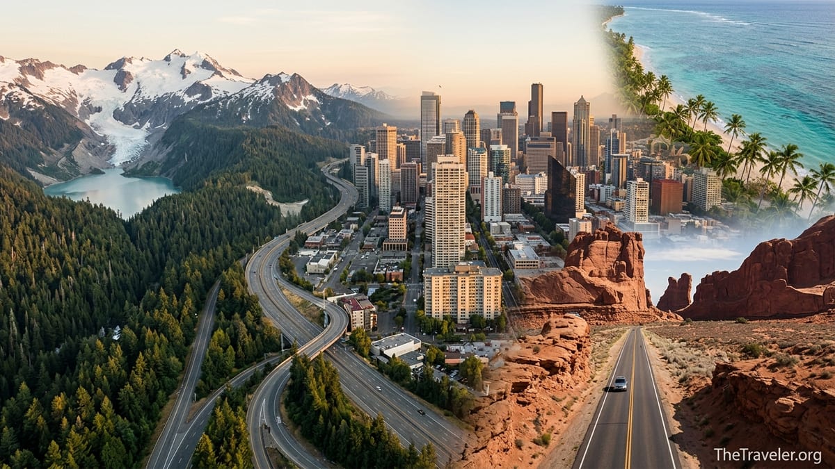 Aerial view blending U.S. mountains, city skyline, desert canyon and tropical coast at sunset.