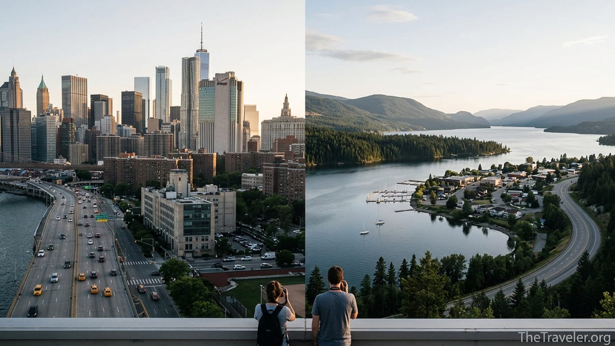 Panoramic view contrasting a dense U.S. city skyline with a calm Canadian lake town at sunset.