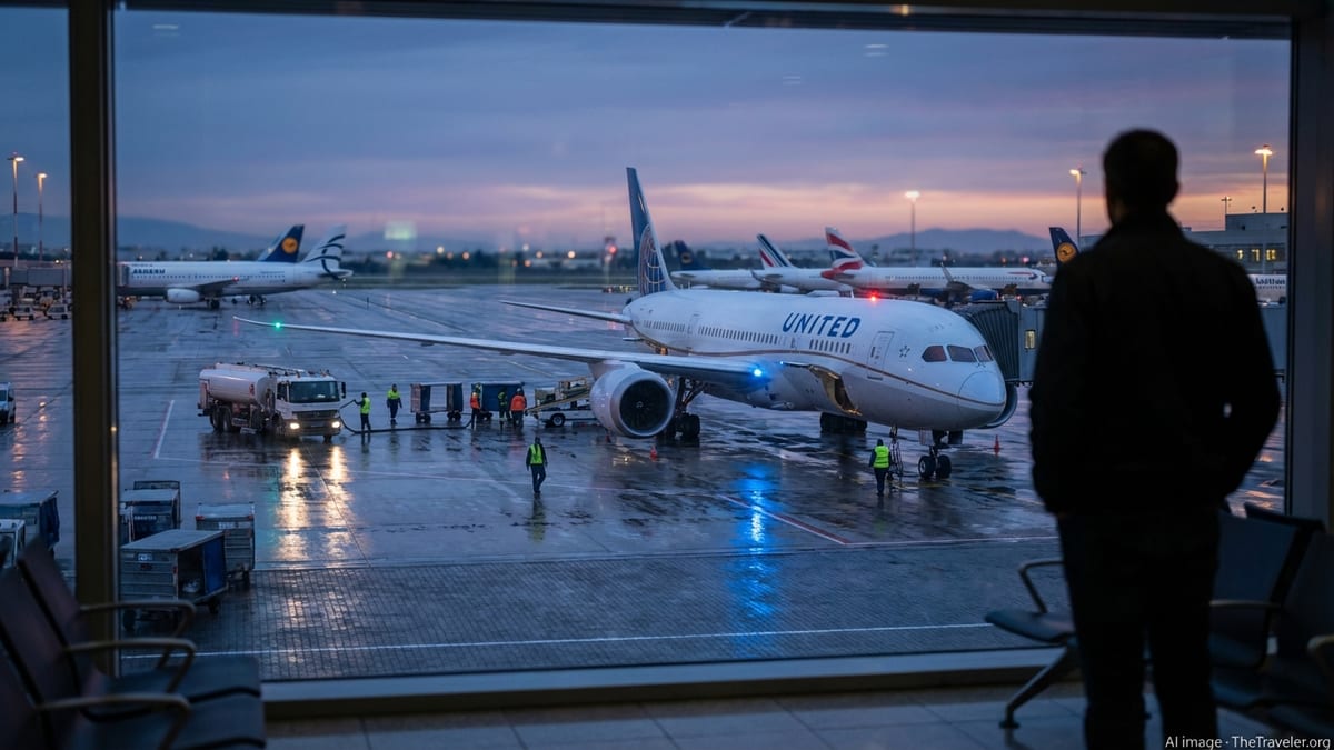 United Boeing 787 diverted to Athens parked at night at the gate with ground crew working around it.