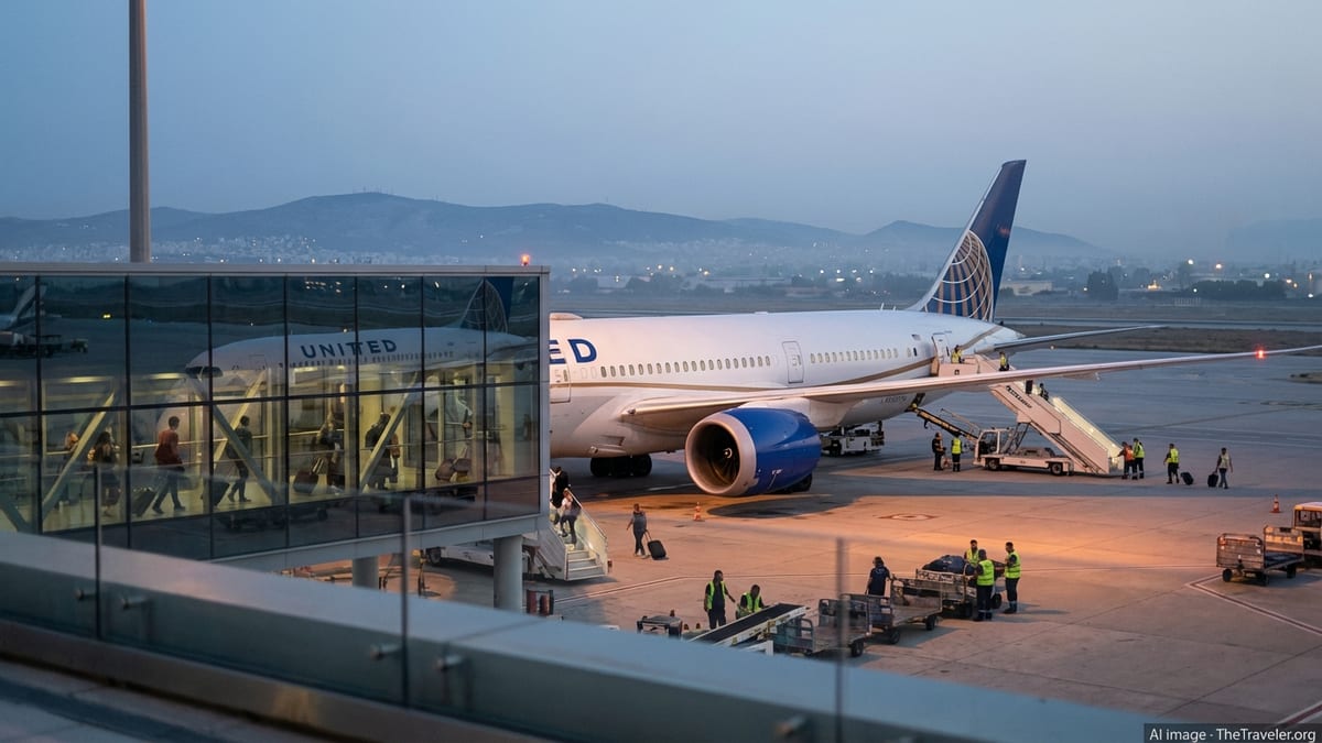 United Airlines Boeing 787 parked at Athens airport at dusk after an emergency diversion.