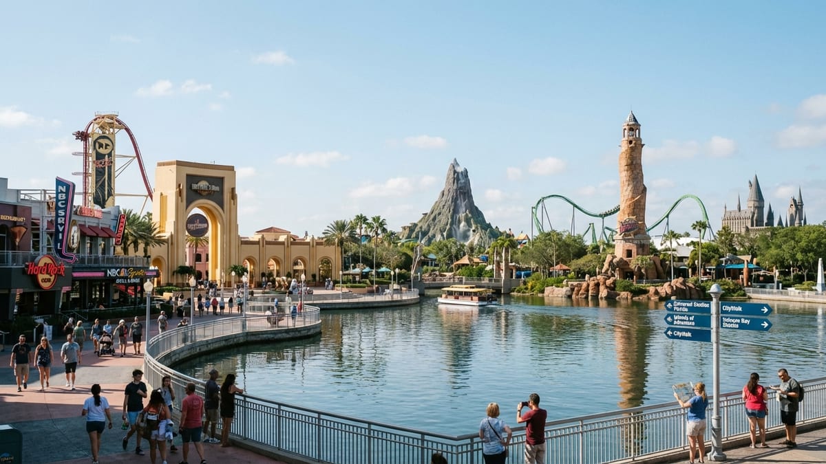 Elevated view of Universal Orlando Resort featuring parks, CityWalk, and visitors. 
