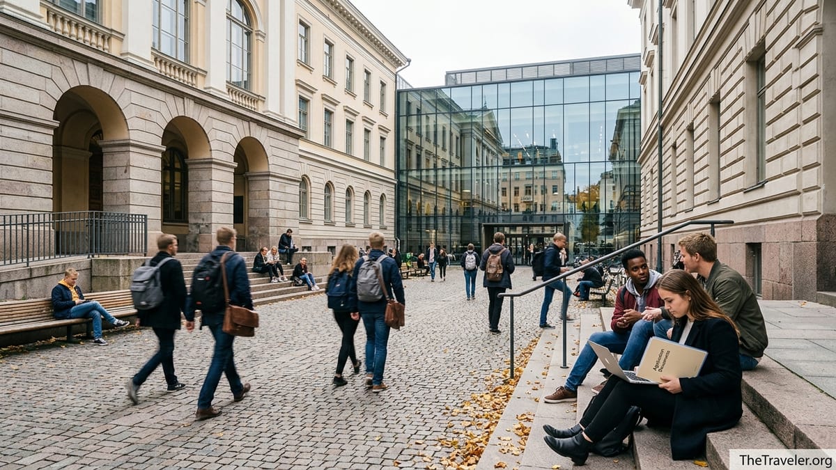 Students on the University of Helsinki campus reviewing documents on a cool autumn day.