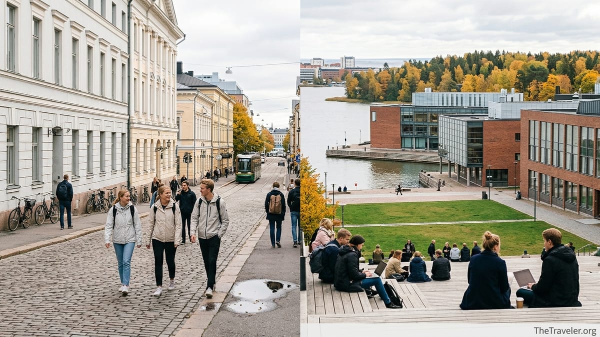 Students at University of Helsinki and Aalto University campuses on an autumn day.