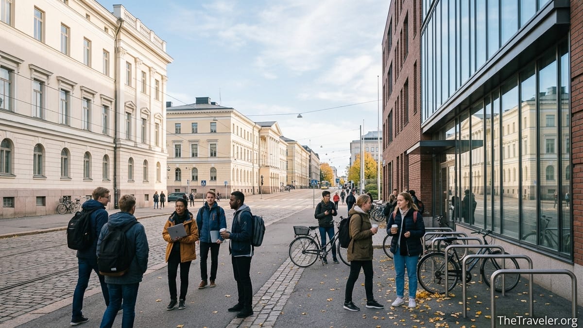 Students walking between University of Helsinki city centre campus buildings on a clear autumn afternoon.