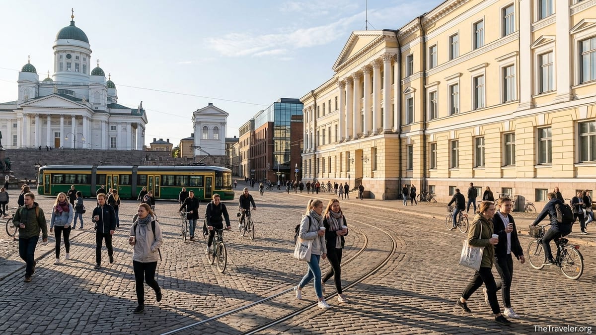 Students walking and a tram passing between the University of Helsinki and Senate Square on a sunny spring afternoon.