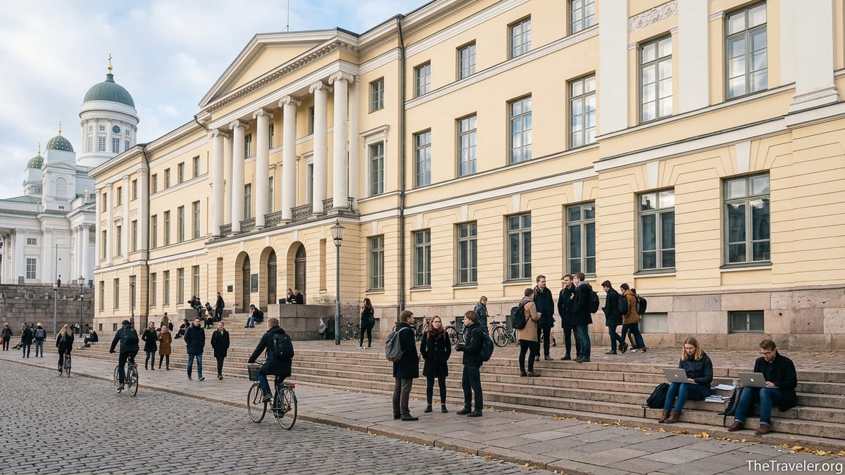 Students outside the historic main building of the University of Helsinki on Senate Square.
