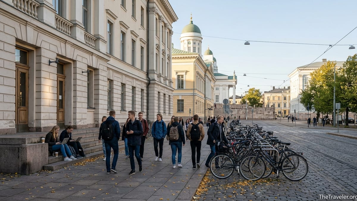 Students walking between historic buildings at the University of Helsinki city centre campus on a clear autumn afternoon.