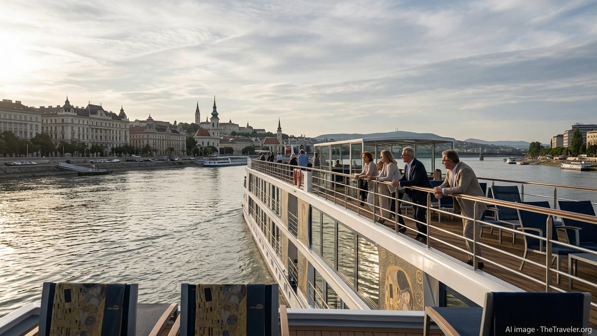 Luxury river ship on the Danube at golden hour with European city skyline in view.