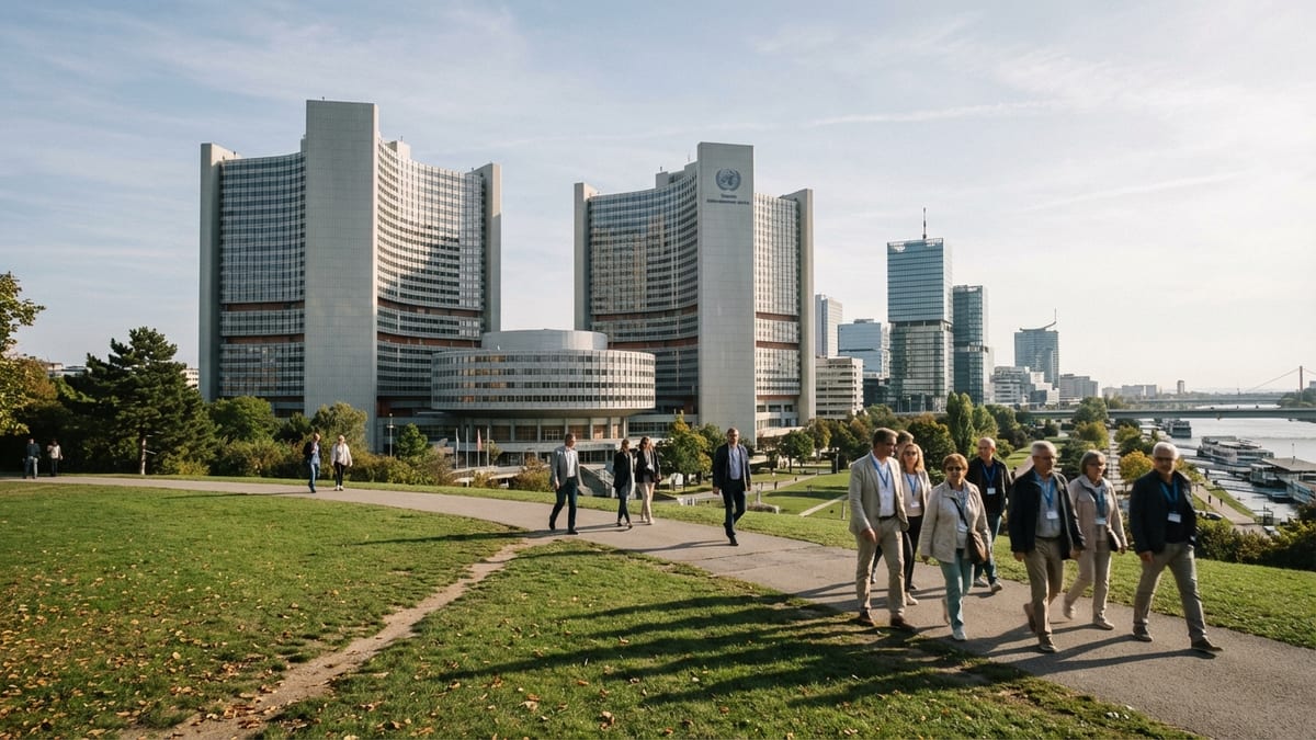 Elevated view of UNO City and Vienna International Centre in autumn.