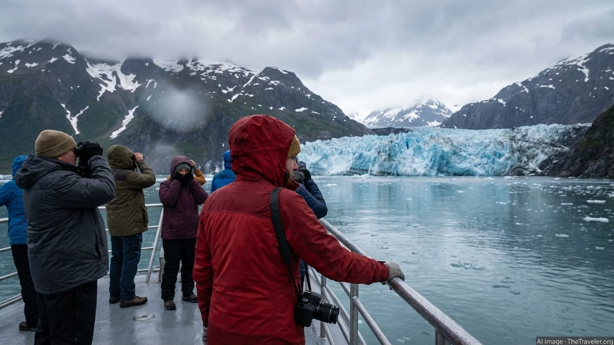 Traveler underdressed on a cold boat deck approaches a massive blue Alaskan glacier in gray summer light.
