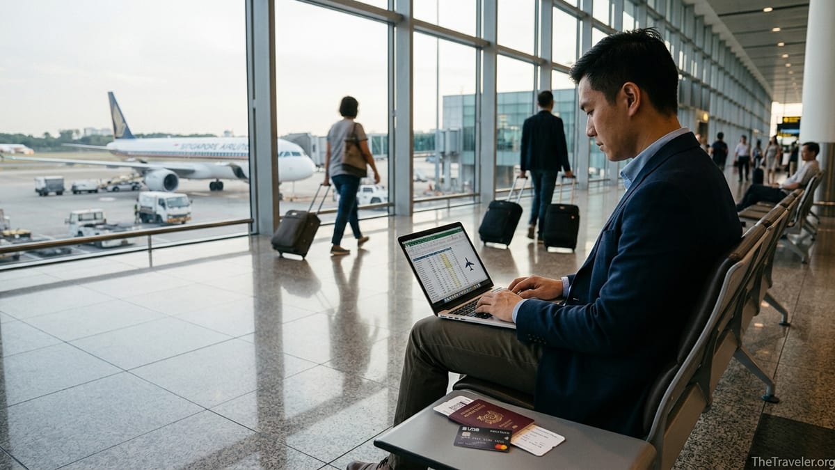 Traveller at Singapore airport reviewing UOB PRVI Miles calculations on a laptop by large windows.
