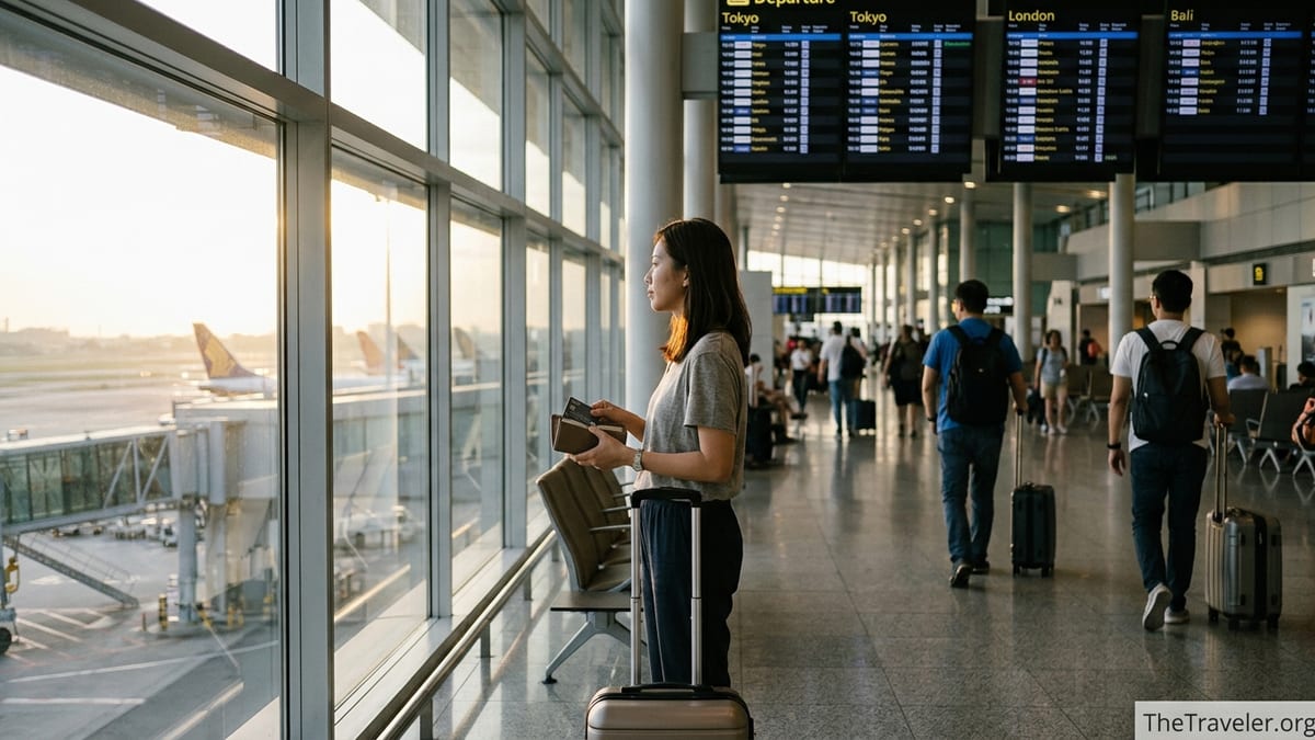 Traveler with luggage checking a credit card at a sunny airport window.