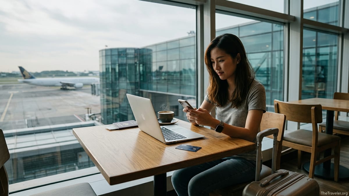 Traveler at airport café in Singapore reviewing credit card and flight details.