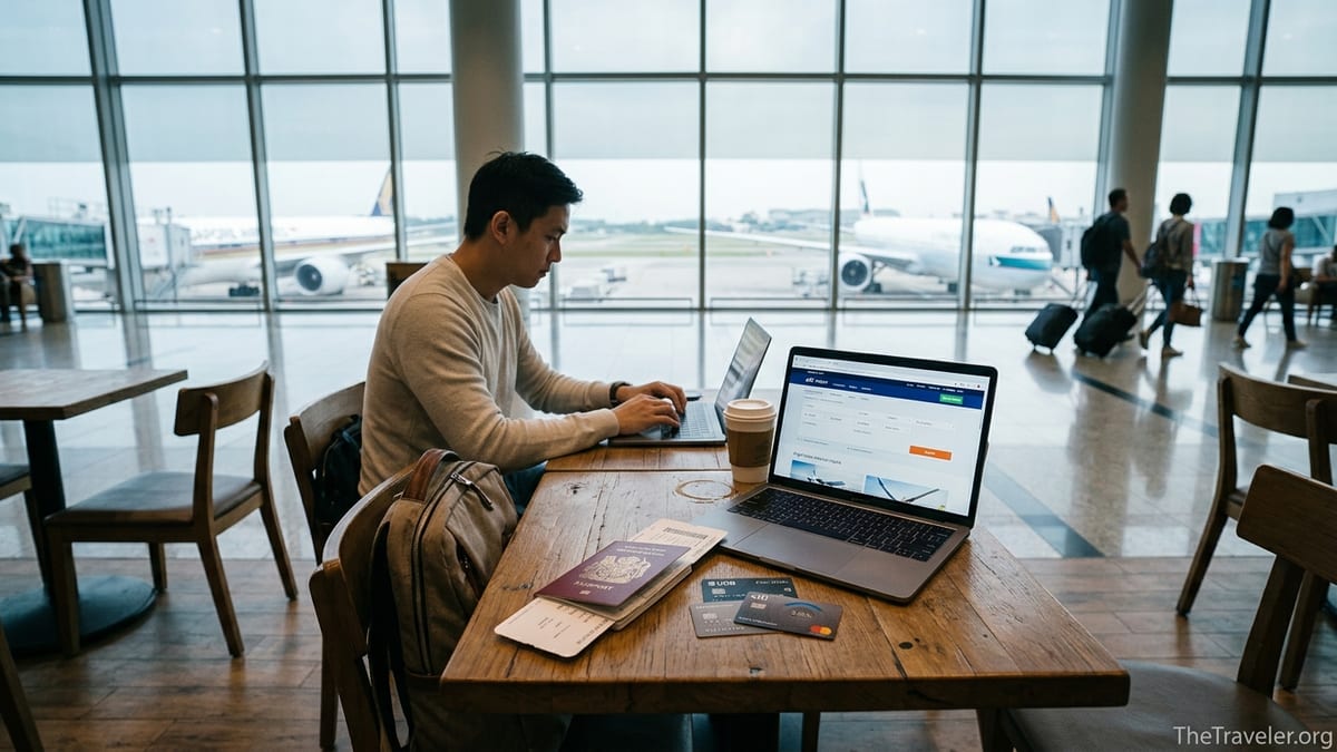 Traveler comparing two credit cards at an airport café table in Singapore.