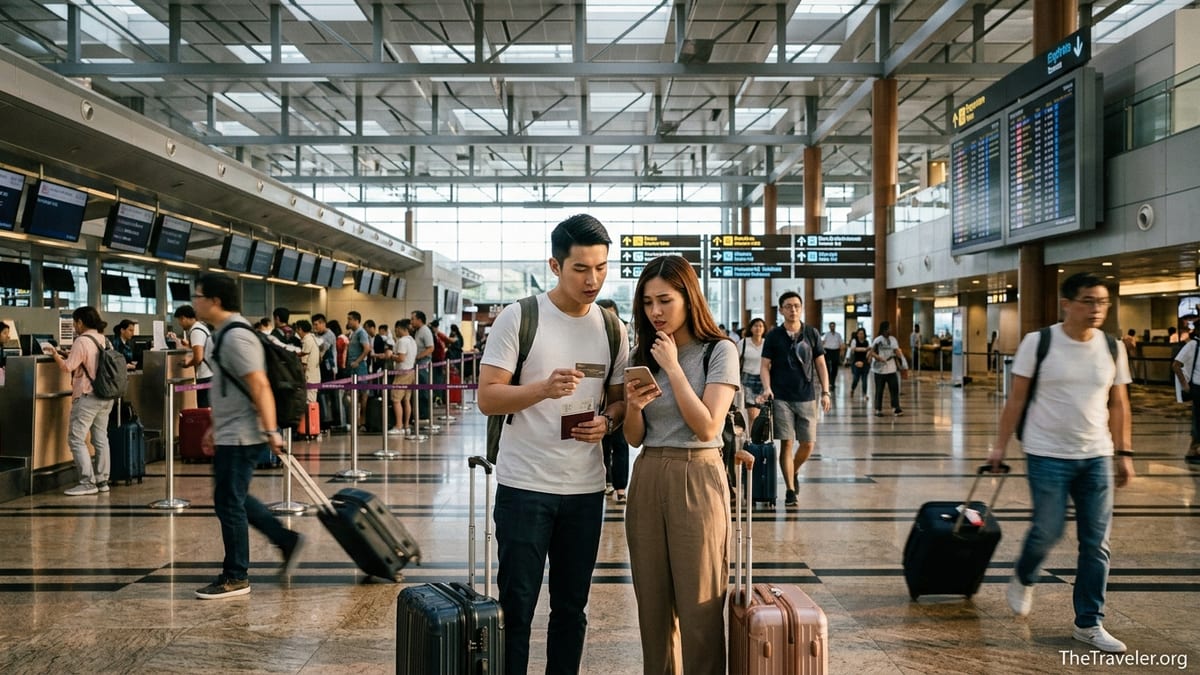 Travellers at an airport check-in area debating use of a travel credit card.