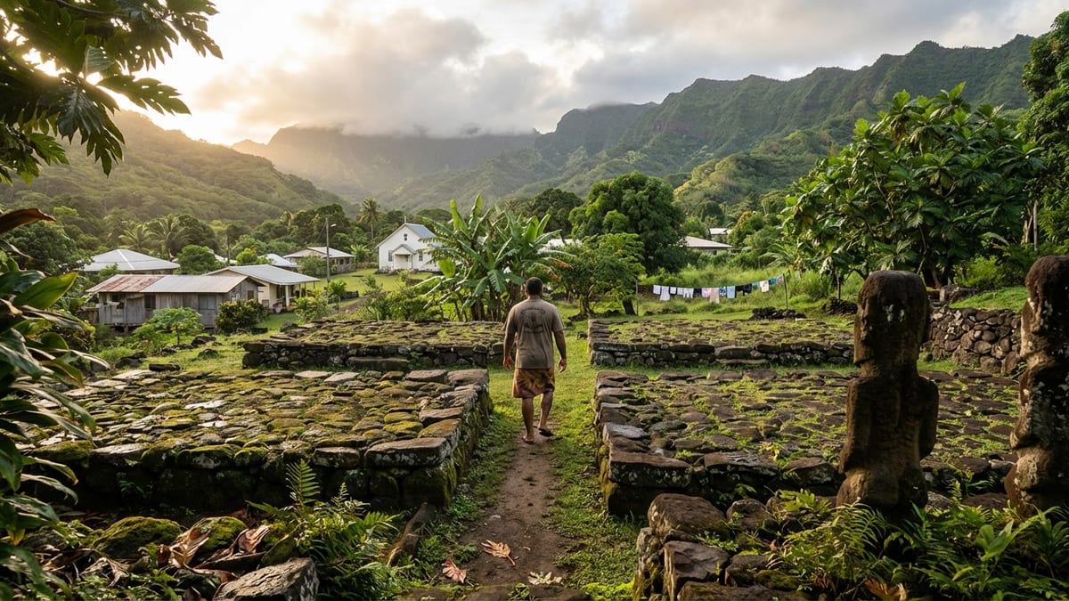Overlooking Upeke ceremonial center in Hiva Oa, Marquesas Islands, French Polynesia.