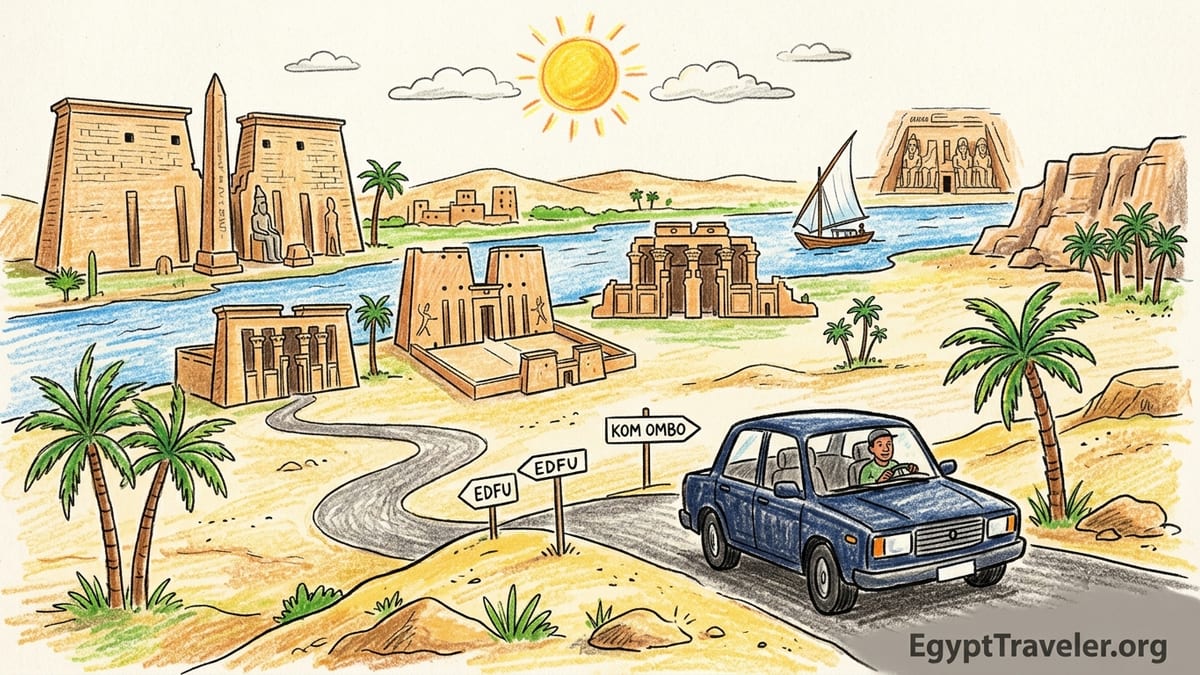 View over the Nile River in Luxor with feluccas, palm-lined banks and desert hills beyond.